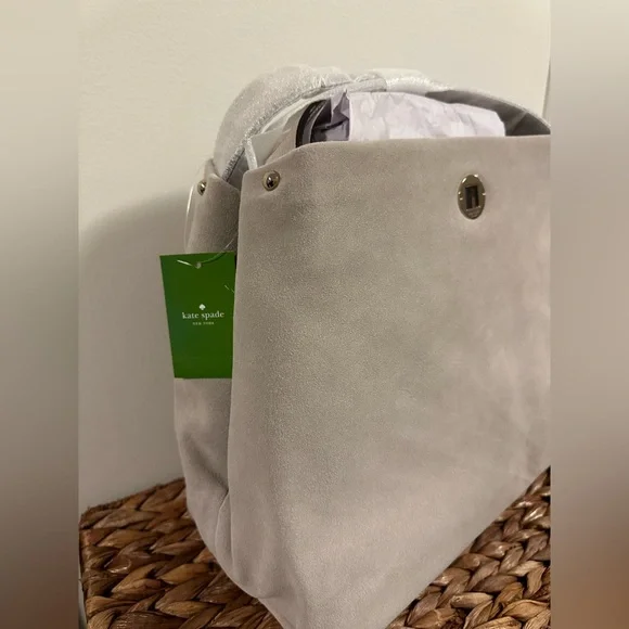 NWT Kate Spade Stardust Suede Willa satchel hobo bag. Light grey suede. - Picture 2 of 9